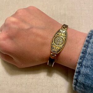 Vintage Gold-Tone Hinged Bracelet | Black Leather Inlay